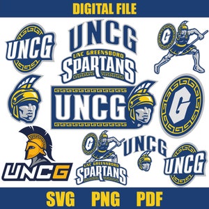 May include: A digital file download of a UNCG Spartans logo featuring a Spartan warrior holding a spear and shield. The logo is in blue, yellow, and grey with the text "UNCG Spartans" and "UNC Greensboro".