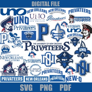 May include: A digital file download of various logos for the University of New Orleans Privateers. The logos feature the school's mascot, a pirate, and the school's colors, blue and gray.
