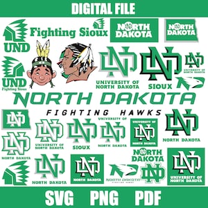May include: A digital file download of various logos for the University of North Dakota, including the Fighting Sioux and Fighting Hawks mascots. The logos are in green and white and feature the university's initials, "UND", and the words "North Dakota".