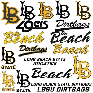 May include: A collection of logos for Long Beach State University Athletics, including the school's nickname "The Beach" and the mascot "Dirtbags". The logos are in black and gold, with a variety of fonts and styles.