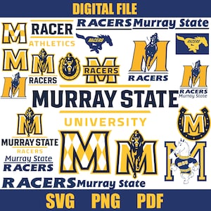 Könnte beinhalten: Ein digitaler Dateidownload verschiedener Logos für Murray State Racers Athletics. Die Logos zeigen die Buchstaben "M" und "RACERS" in verschiedenen Stilen und Farben, darunter Gelb, Blau und Weiß. Die Logos beinhalten auch ein Pferd und ein Hufeisen.