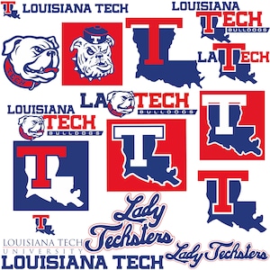 May include: A collection of logos for Louisiana Tech University. The logos feature the school's mascot, a bulldog, and the school's colors, red and blue. The logos also include the school's name and the words "Lady Techsters".