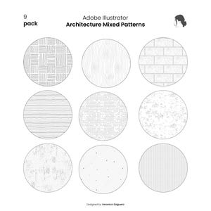 Puede incluir: Nueve patrones circulares con diversas texturas arquitectónicas, incluyendo ladrillo, vetas de madera y rayado cruzado. El texto "Adobe Illustrator Architecture Mixed Patterns" está en la parte superior. La palabra "pack" y el número "9" están en la esquina superior izquierda.