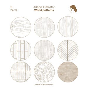 Könnte beinhalten: Neun verschiedene Holzmuster in Kreisform, die für die Verwendung in Adobe Illustrator entwickelt wurden. Die Muster umfassen Holzmaserung, Dielen, Fischgrät und mehr.