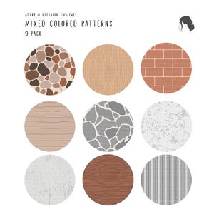 May include: Nine circular patterns in a variety of textures and colors. The patterns include stone, wood grain, brick, and textured surfaces. The text at the top reads "Adobe Illustrator Swatches" and "Mixed Colored Patterns 9 Pack."