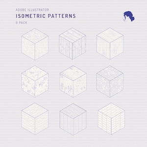 Puede incluir: Nueve diseños de patrones isométricos en una cuadrícula. Cada cubo presenta una textura diferente, incluyendo vetas de madera, piedra y ladrillo. El texto "ADOBE ILLUSTRATOR ISOMETRIC PATTERNS 9 PACK" está en la parte superior.