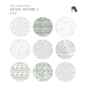 Puede incluir: Nueve patrones circulares en blanco y negro, cada uno con un diseño único. Los patrones incluyen puntos, líneas onduladas y otras formas abstractas. También se ve el texto "Sketchy Patterns II" y "9 Pack".