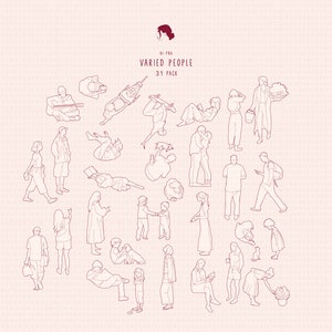 Puede incluir: Una colección de 31 ilustraciones de arte lineal de personas variadas en diferentes poses y actividades. Las ilustraciones son de estilo minimalista, con un contorno de un solo color sobre un fondo rosa claro. El texto en la parte superior dice "AI-PNG VARIED PEOPLE 31 PACK."