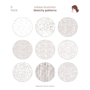 Puede incluir: Nueve patrones diferentes dibujados a mano en forma de círculo. Los patrones están hechos de puntos, líneas y otras formas. Los patrones están en tonos de marrón y blanco.