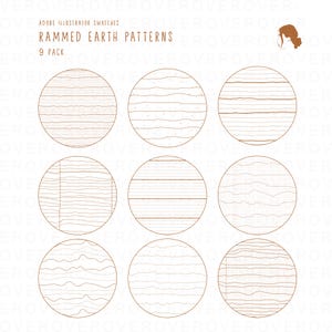 Puede incluir: Nueve diseños circulares con varios patrones marrones y texturizados. El texto "RAMMED EARTH PATTERNS" y "9 PACK" están en la parte superior. Los diseños incluyen líneas horizontales, líneas punteadas y sombreado cruzado.