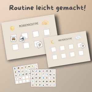 Puede incluir: Un gráfico de rutina imprimible para niños con una rutina matutina y vespertina. El gráfico tiene espacios en blanco para agregar imágenes. El gráfico es beige con un sol amarillo, un arcoíris, una luna y una nube con lluvia. El texto en el gráfico dice "Routine leicht gemacht!" y "Morgenroutine" y "Abendroutine".