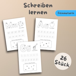 May include: Black and white printable worksheets for learning to write the German alphabet. Each page features a letter, a picture, and practice lines for tracing and writing the letter. The text on the page says "Schreiben lernen" and "Feinmotorik".