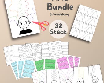 May include: An XXL bundle of 32 cutting practice sheets for kids. The sheets feature various dotted lines, shapes, and illustrations, including a cartoon head with dotted lines for hair and a pair of scissors.