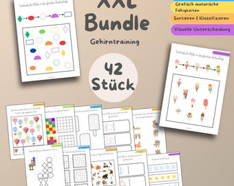 May include: A set of 42 printable brain training worksheets for kids. The worksheets feature a variety of activities, including connecting the dots, matching shapes, and counting. The worksheets are designed to help children develop their fine motor skills, visual perception, and problem-solving abilities.