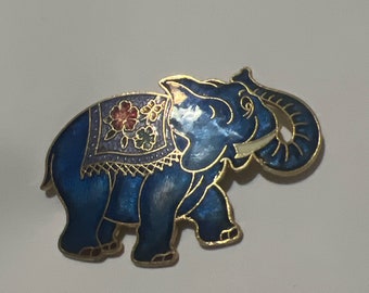 Vintage jaren 1980 Cloisonne Emaille Blie Olifant Broche Kofferbak Opwaarts VEEL GELUK!