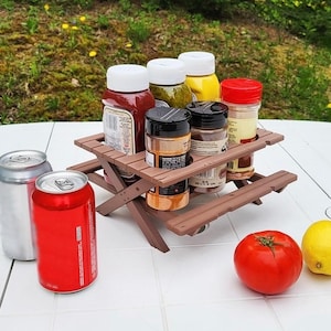 Estante para salsas y especias para mesa de picnic de barbacoa / Regalo para barbacoa / Decoración de jardín / Utensilios para barbacoa / Comedor al aire libre / Recipientes opcionales para salsas y aceitunas / Regalo para