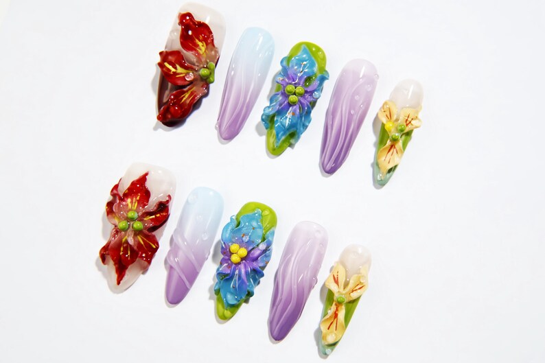 10 Set Wholesale Blooming Flowers Press on Nails 3D Chrome Flowers