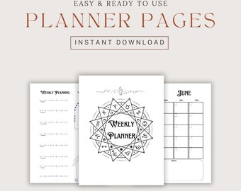 Könnte beinhalten: Druckbare Planerseiten mit einem Wochenplaner, einem Monatskalender für Juni und einer Wochenplanungsseite. Der Wochenplaner zeigt einen Kreis mit astrologischen Symbolen und dem Text "Wochenplaner".