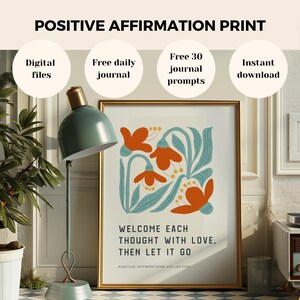 Póster motivacional "Dale la bienvenida a cada pensamiento con amor", póster de Matisse, impresión retro, impresión digital con diario gratuito y 30 indicaciones para el diario