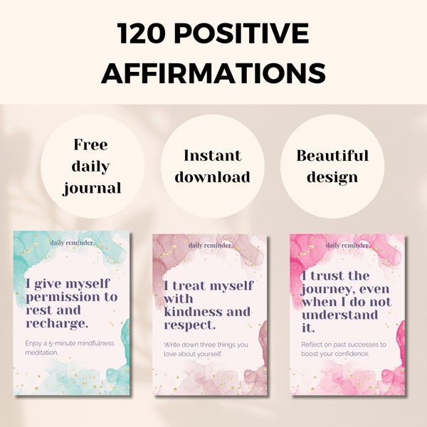 Positive Affirmation Cards, Printable Affirmation Digital Cards Deck, Mindfulness and Motivational Cards with Free Daily Journal