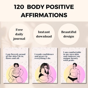 Afirmações corporais positivas, afirmações valiosas para mulheres, cartões de imagem corporal com diário gratuito de amor próprio