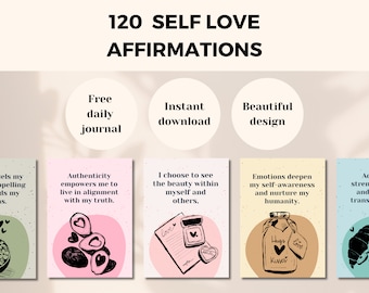 May include: A set of four printable cards with pink, beige, and blue backgrounds. Each card features a different self-love affirmation and a simple illustration. The text on the cards reads: "Authenticity empowers me to live in alignment with my truth." "I choose to see the beauty within myself and others." "Emotions deepen my self-awareness and nurture my humanity."  "Accept your strength and transform your life."