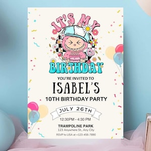 Labubu-verjaardagsuitnodiging | Bewerkbare canvassjabloon | Digitale download | Uitnodiging verjaardagsfeestje voor kinderen | Afdrukbare uitnodiging