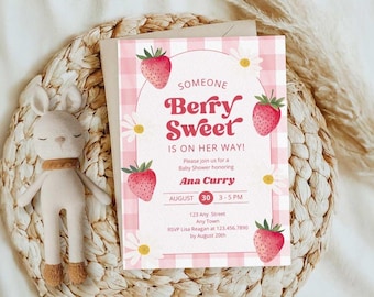 Berry Sweet Baby Shower Invitation | Editable Canva Template | Strawberry Baby Shower Digital Download