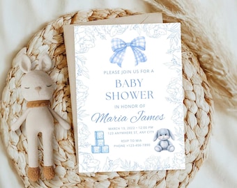 Blue Baby Shower Invitation | Baby Boy Invite Template | Canva Editable Digital Download | Printable Shower Card