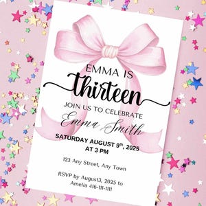 Editable 13th Birthday Invitation Girl Pink Bow | Teen Girl Birthday Invite Canva Template | Digital Download | Sweet Thirteen Party