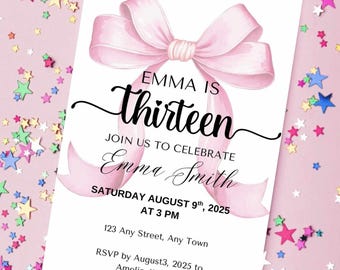 Invito modificabile per il 13° compleanno di una ragazza con fiocco rosa / Modello Canva per invito di compleanno di una ragazza adolescente / Download digitale / Festa dei dolci tredici anni