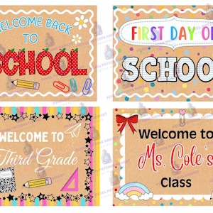 Peut inclure: Quatre panneaux rectangulaires avec des motifs sur le thème de l'école. Les panneaux comportent des phrases telles que "Welcome Back to School", "First Day of School", "Welcome to Third Grade" et "Welcome to Ms. Cole's Class". Chaque panneau a des bordures décoratives et des graphiques scolaires.