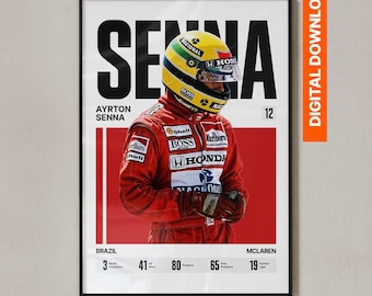 Peut inclure: Une affiche verticale montrant Ayrton Senna portant une combinaison de course rouge et un casque jaune, vert et bleu. Le texte indique SENNA, AYRTON SENNA, 12, BRAZIL, MCLAREN, et liste des statistiques de carrière dont 3 championnats.