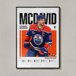 May include: Framed poster featuring Connor McDavid in an Edmonton Oilers jersey. The poster has a bold design with the player's name and number, set against a vibrant orange and blue background. The text "McDavid" is prominently displayed.