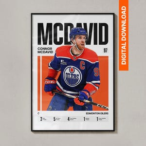 May include: A digital poster featuring Connor McDavid in an Edmonton Oilers jersey, holding a hockey stick. The text reads MCDAVID, CONNOR MCDAVID, 97, and lists various trophy counts at the bottom. The design uses blue, orange, and white.