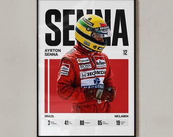 May include: A framed poster featuring Ayrton Senna in a red racing suit and a yellow, green, and blue helmet. The text SENNA appears in large black letters at the top. Below, statistics for Brazil and McLaren are listed with the number 12.