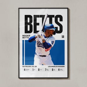 May include: A framed poster featuring Mookie Betts of the Los Angeles Dodgers in his baseball uniform, holding a bat. The poster includes the name "BETTS" in large black letters, along with statistics and team information. The background is blue and white.