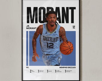 May include: A framed poster featuring Ja Morant of the Memphis Grizzlies. The poster has a black frame and includes the player's name, team logo, and jersey number 12. The image shows Morant in a light blue jersey with a basketball.