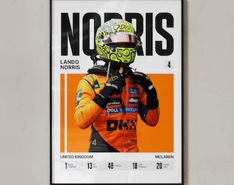 May include: A framed poster featuring Lando Norris in a yellow and black racing helmet and orange McLaren racing suit. The text reads NORRIS, LANDO NORRIS, 4, UNITED KINGDOM, MCLAREN, and includes statistics for World Champion, GP Wins, Podiums, Pole Positions, and Fastest Laps.