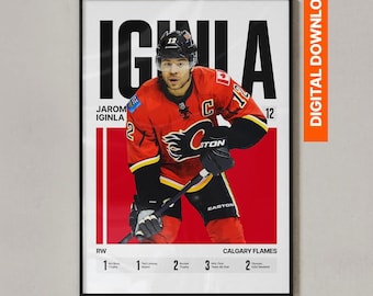 Può includere: Un poster digitale che ritrae il giocatore di hockey Jarome Iginla con una maglia rossa, gialla e nera dei Calgary Flames con il numero 12. Il testo include il suo nome, la squadra e un elenco di premi su uno sfondo bianco.