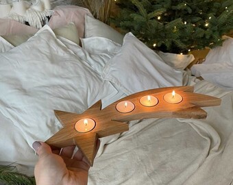 Wooden falling star tealight holder, handmade, natural wood, candle holder, table decor, Christmas decoration