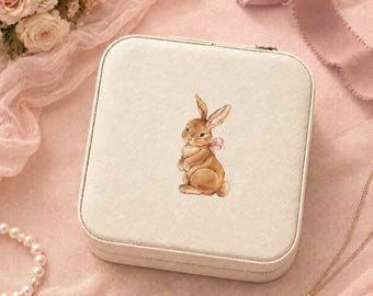 Personalized Bunny Travel Jewelry Case with Pink Bow, Custom Jewelry Box