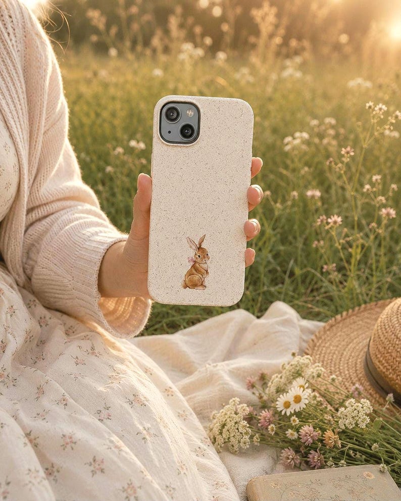 Bow bunny phone case held outdoors in a wildflower field