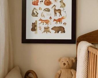 Woodland Nursery Framed Print, Forest Animals Wall Art, Framed Poster 16x16, Baby Shower Gift, Cottagecore Nursery Decor, Kids Room Art