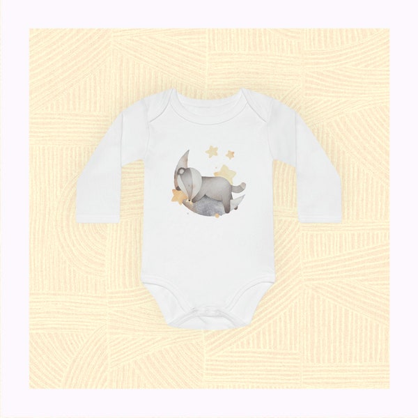 Baby long-sleeve organic bodysuit, soft cotton, cute animal, moon & stars, cottagecore designs and more