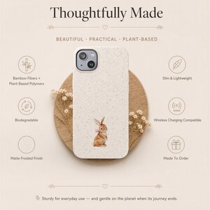 Infographic listing biodegradable, wireless-charging-compatible, made-to-order features