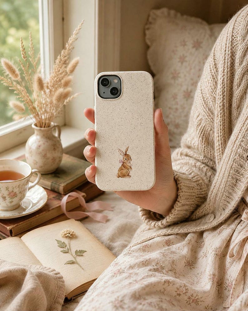 Woman holding bow bunny phone case next to tea and a window