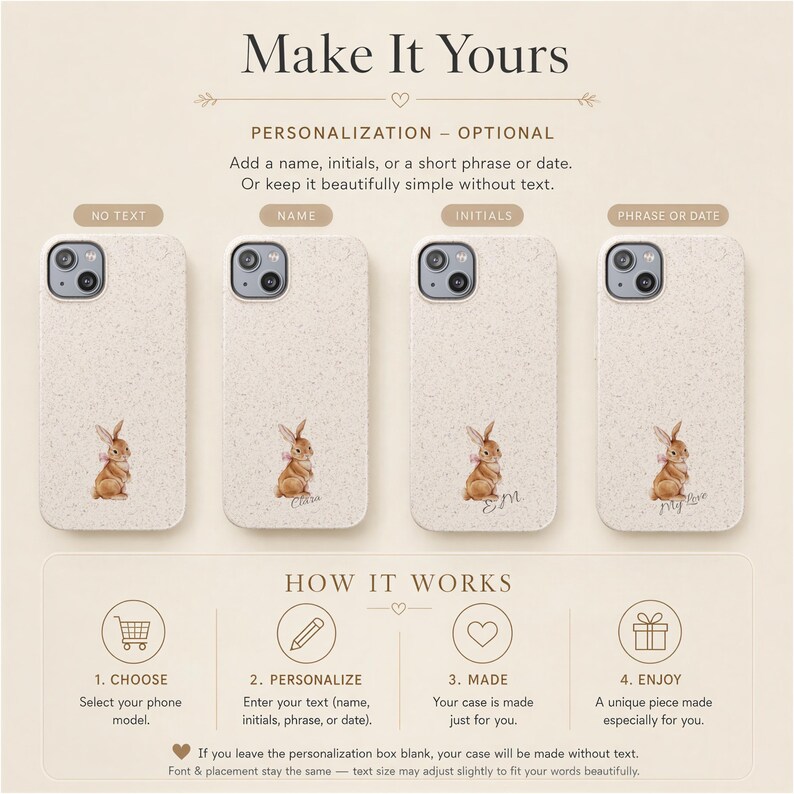 Personalization options for bow bunny phone case — name, initials, or phrase