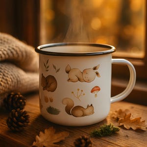 Waldtiere Emaille-Becher, Cottagecore Forest Becher mit Bär, Fuchs, Eichhörnchen & Entlein, niedlicher Tier Camp Becher, Natur-Liebhaber-Geschenk 12 Unze