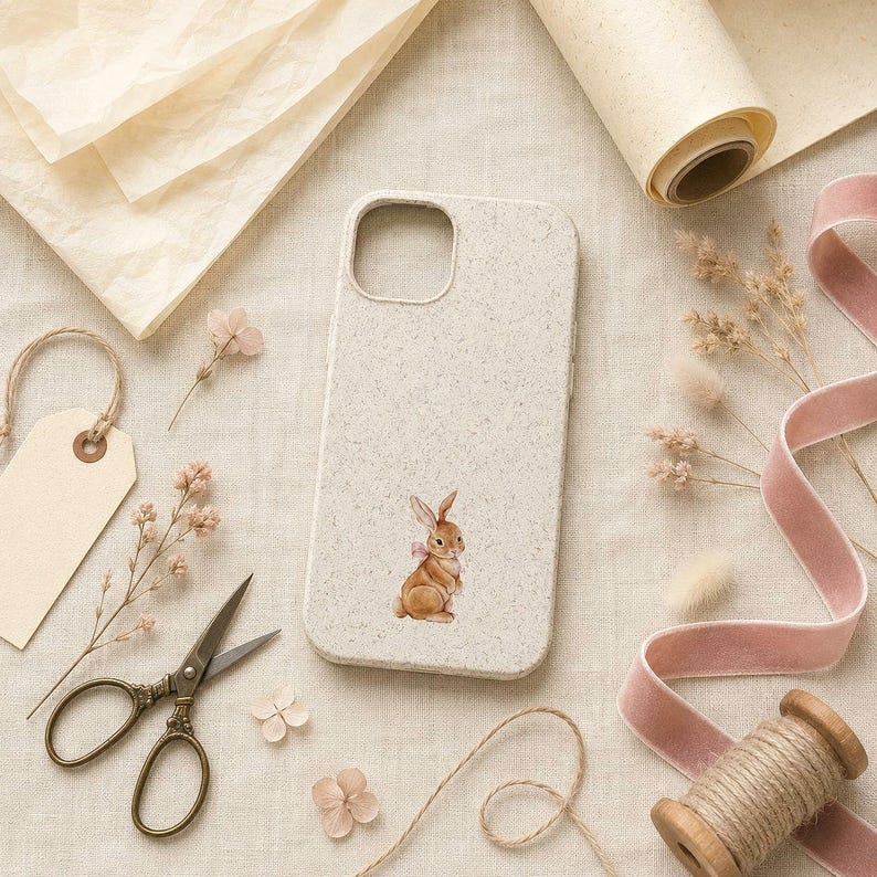 Bow bunny phone case styled with ribbon and vintage scissors
